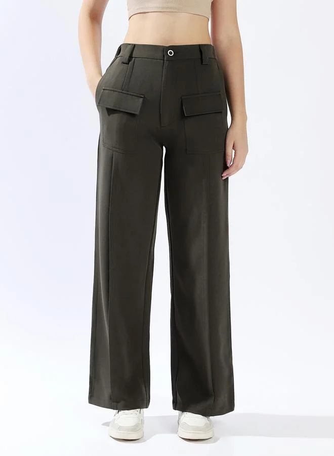 HIGH STAR Women's Olive 100% Polyester Solid Pattern Full Length Chinos Wide Leg Trouser