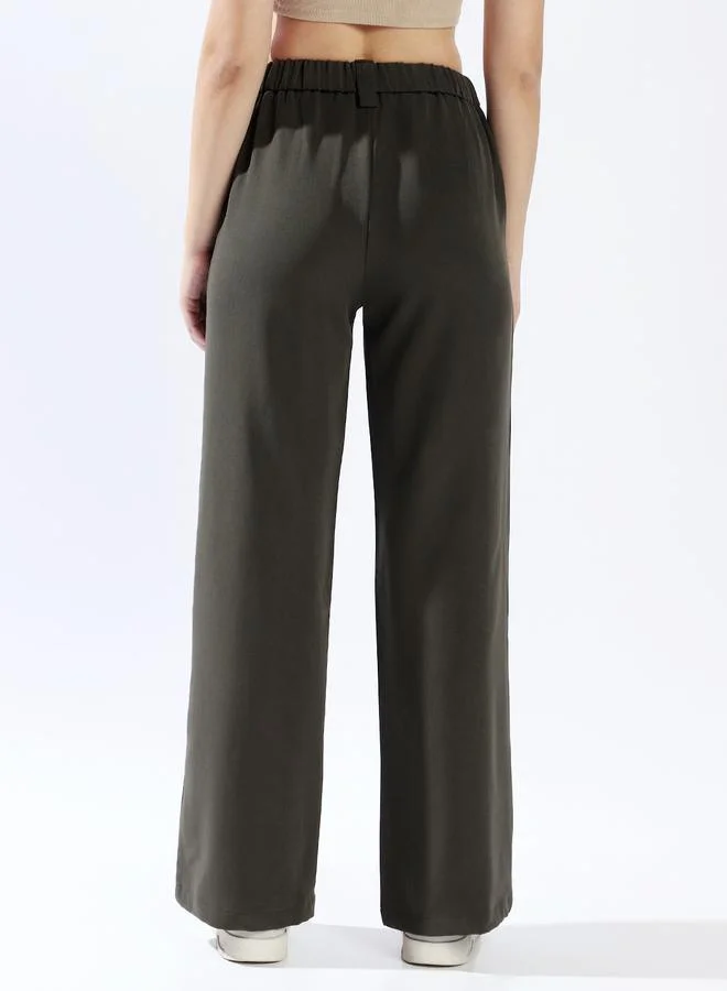 HIGH STAR Women's Olive 100% Polyester Solid Pattern Full Length Chinos Wide Leg Trouser
