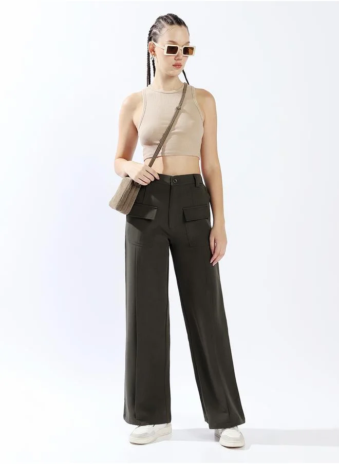 HIGH STAR Women's Olive 100% Polyester Solid Pattern Full Length Chinos Wide Leg Trouser