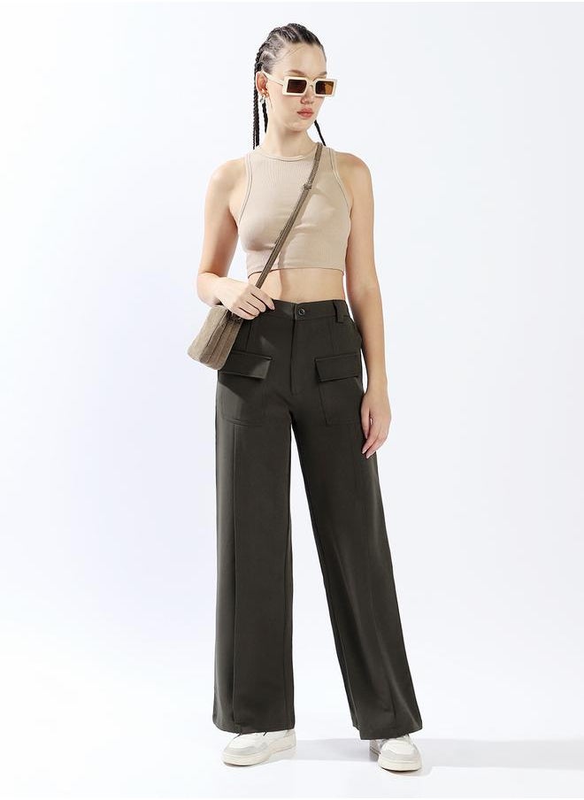 HIGH STAR Women's Olive 100% Polyester Solid Pattern Full Length Chinos Wide Leg Trouser  - Image 1
