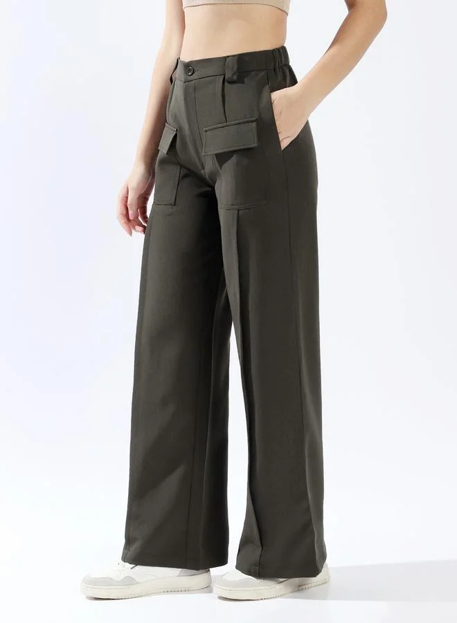 HIGH STAR Women's Olive 100% Polyester Solid Pattern Full Length Chinos Wide Leg Trouser