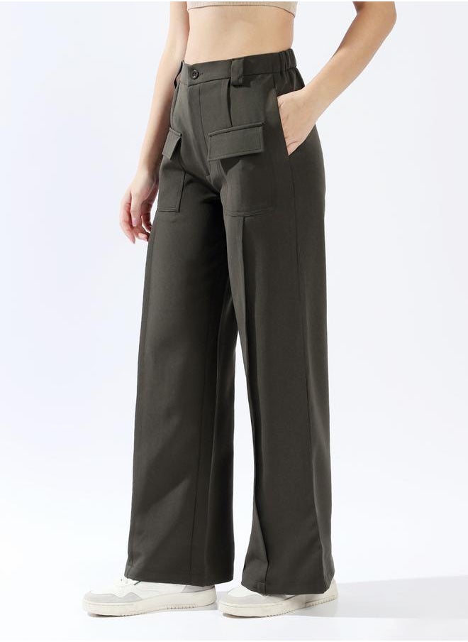 HIGH STAR Women's Olive 100% Polyester Solid Pattern Full Length Chinos Wide Leg Trouser  - Image 3
