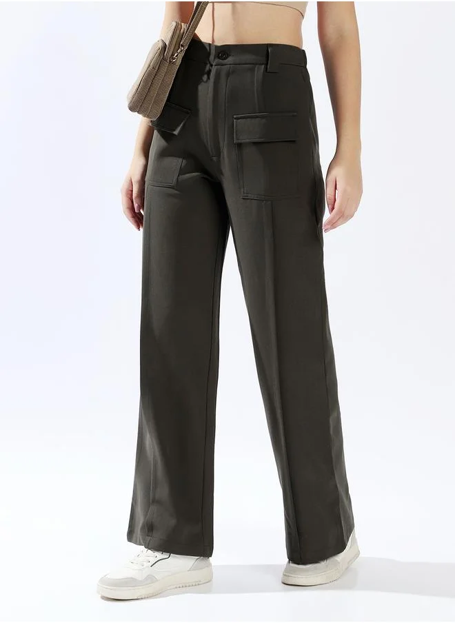 HIGH STAR Women's Olive 100% Polyester Solid Pattern Full Length Chinos Wide Leg Trouser
