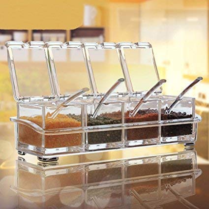Portible Crystal Acrylic Seasoning Box Pepper Salt Spice RackTransparent Spice Jar Box Case Set Storage Container Condiment Jars Dispenser for Salt Sugar Cruet with CoverPack Of 4Pcs