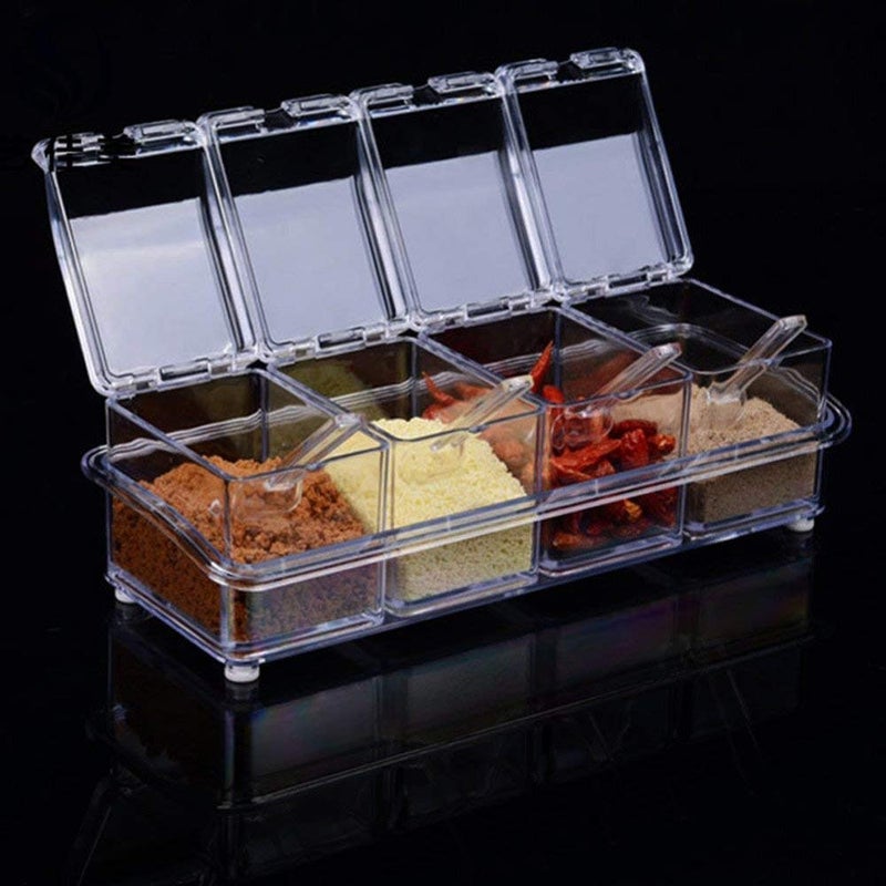 Portible Crystal Acrylic Seasoning Box Pepper Salt Spice RackTransparent Spice Jar Box Case Set Storage Container Condiment Jars Dispenser for Salt Sugar Cruet with CoverPack Of 4Pcs