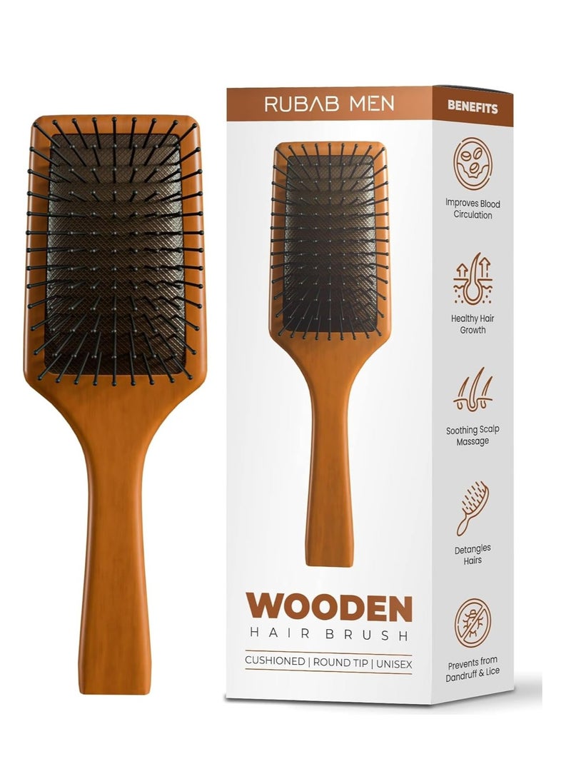 RUBAB MEN Premium Collection Wooden Paddle Hair Brush for Men & Women | Flexible Anti-Static Pins with Cushion Base & Sturdy Handle | Adds Shine & Volume to Hairs - Image 1