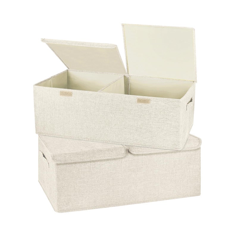 Valease 2 Pack Large Storage Boxes with Lids and Handles, Collapsible Linen Storage Bins Organizer Containers Baskets Cube with Removable Divider for Home Bedroom Closet Office (Cream, Small) - Image 1