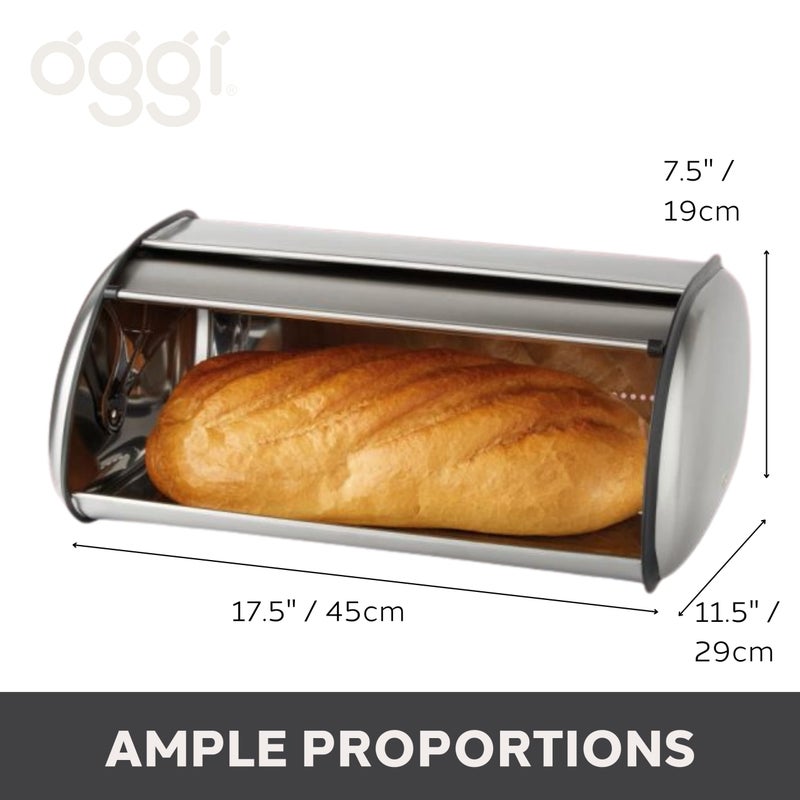 Oggi Stainless Steel Roll Top Bread Box for Kitchen Countertop with Stainless Steel Lid - Fits Multiple Large Loaves of Bread and Other Freshly Baked Goods Including Cookies, Bagels, Muffins - Image 4