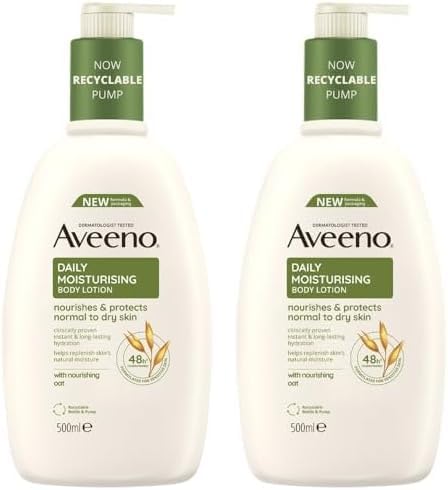 Aveeno Daily Moisturising Body Lotion With Soothing Oats Rich Emollients Suitable For Sensitive Skin Nourishes and Protects Normal to Dry Skin Fragrance Free 500ml Pack of 2
