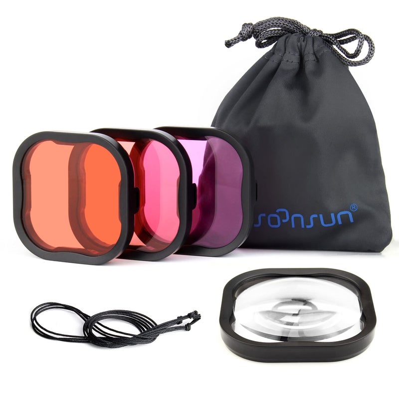 SOONSUN 4-Pack Underwater Dive Filters for GoPro Hero 13 12 11 10 9 8 Black â€“ Color Correction Filters with Red, Light Red, Magenta, 5X Macro Close-up Lens â€“ Only for Official GoPro Waterproof Housing - Image 1