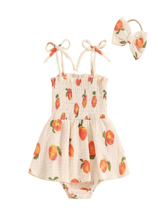 Honganda Newborn Infant Baby Girl Summer Outfit Peaches Print Tie Up Spaghetti Straps Smocked Romper Dress + Headband Cotton Jumpsuit (Beige, 3-6 Months) - Image 1