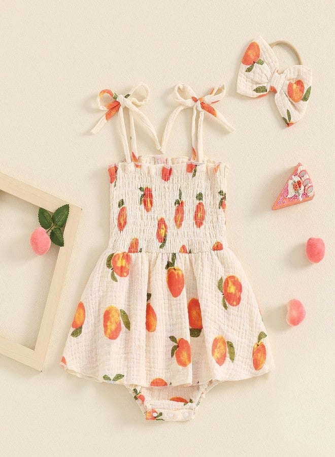 Honganda Newborn Infant Baby Girl Summer Outfit Peaches Print Tie Up Spaghetti Straps Smocked Romper Dress + Headband Cotton Jumpsuit (Beige, 3-6 Months) - Image 2