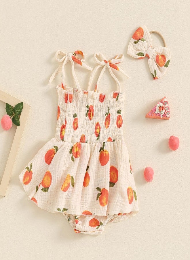 Honganda Newborn Infant Baby Girl Summer Outfit Peaches Print Tie Up Spaghetti Straps Smocked Romper Dress + Headband Cotton Jumpsuit (Beige, 3-6 Months) - Image 3