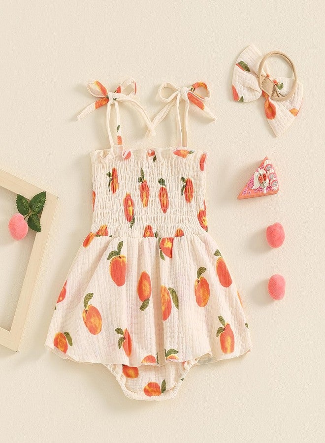 Honganda Newborn Infant Baby Girl Summer Outfit Peaches Print Tie Up Spaghetti Straps Smocked Romper Dress + Headband Cotton Jumpsuit (Beige, 3-6 Months) - Image 4