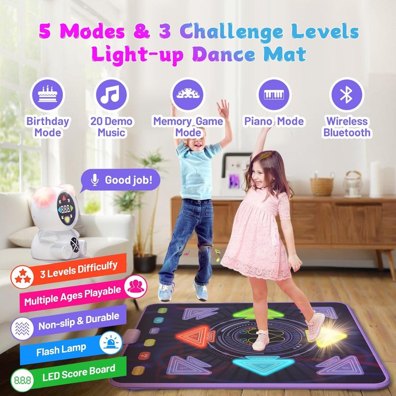 حصيرة للأطفال ، حصيرة الرقص القابلة لإعادة الشحن للبنات والفتيان ، لعبة لوحة الرقص الإضاءة مع بلوتوث لاسلكي ، هدايا عيد ميلاد عيد الميلاد الأفكار للأطفال البالغين من العمر 3 4 5 6 7 8 9 10 11 12 سنة - Image 2