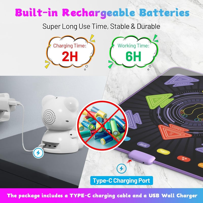 حصيرة للأطفال ، حصيرة الرقص القابلة لإعادة الشحن للبنات والفتيان ، لعبة لوحة الرقص الإضاءة مع بلوتوث لاسلكي ، هدايا عيد ميلاد عيد الميلاد الأفكار للأطفال البالغين من العمر 3 4 5 6 7 8 9 10 11 12 سنة - Image 3