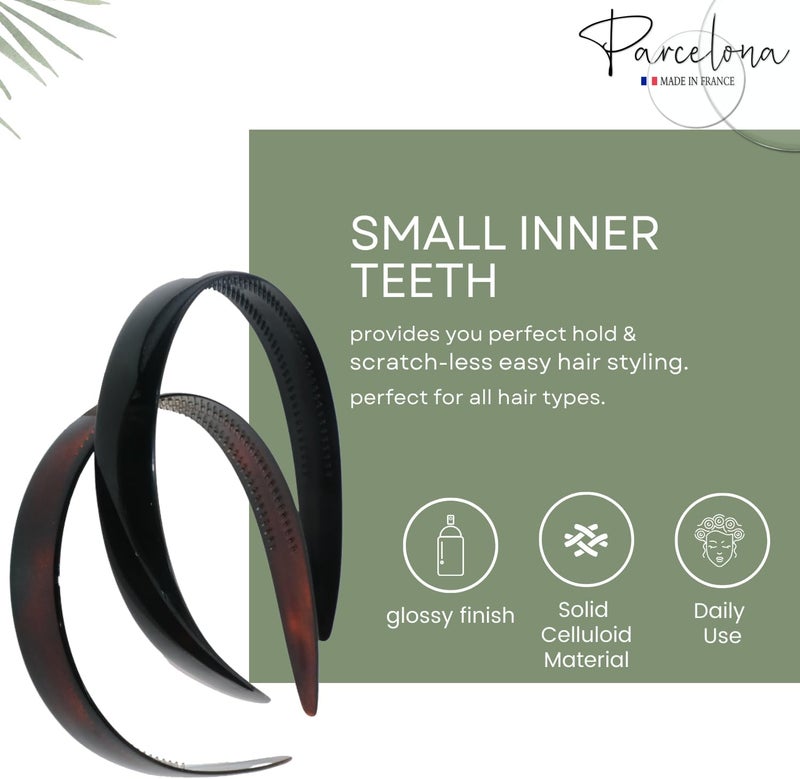 Parcelona French Wide 3/4" Shell Brown and Black Celluloid Set of 2 Headbands for Women - Image 3