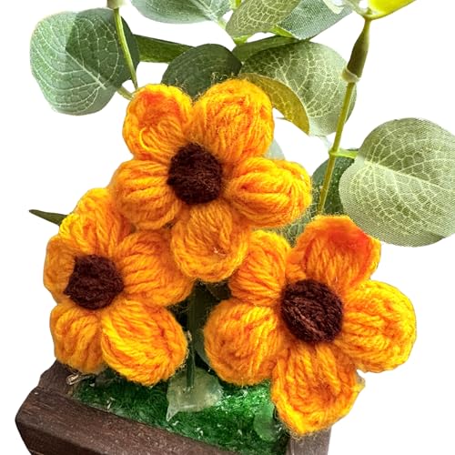 Akaar Decor's Handcrafted Crochet Flower Pot | Artificial Flowers for Home | Birthday | Anniversary | Housewarming Gifts | 100% Handmade Yarn Flower Décor (8 Inch, Wooden Base) (Yellow) - Image 5