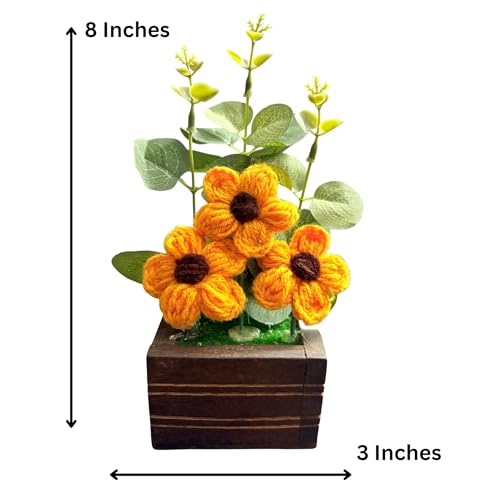 Akaar Decor's Handcrafted Crochet Flower Pot | Artificial Flowers for Home | Birthday | Anniversary | Housewarming Gifts | 100% Handmade Yarn Flower Décor (8 Inch, Wooden Base) (Yellow) - Image 4