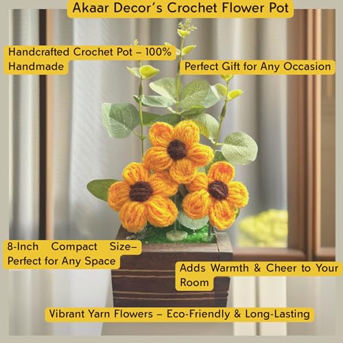 Akaar Decor's Handcrafted Crochet Flower Pot | Artificial Flowers for Home | Birthday | Anniversary | Housewarming Gifts | 100% Handmade Yarn Flower Décor (8 Inch, Wooden Base) (Yellow) - Image 2