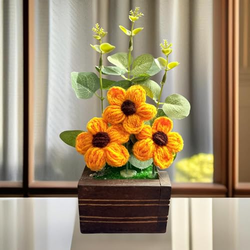 Akaar Decor's Handcrafted Crochet Flower Pot | Artificial Flowers for Home | Birthday | Anniversary | Housewarming Gifts | 100% Handmade Yarn Flower Décor (8 Inch, Wooden Base) (Yellow) - Image 1