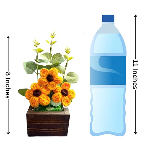 Akaar Decor's Handcrafted Crochet Flower Pot | Artificial Flowers for Home | Birthday | Anniversary | Housewarming Gifts | 100% Handmade Yarn Flower Décor (8 Inch, Wooden Base) (Yellow) - Image 3