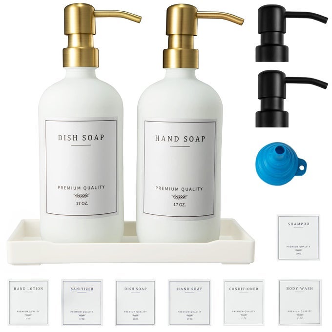 GLASS SOAP DISPENSER FOR KITCHEN SINKFARMHOUSE KITCHEN DISH SOAP DISPENSERHAND SOAP DISPENSER SETRUSTPROOF PUMP SOAP DISPENSER BATHROOM WITH TRAYWATERPROOF LABEL FOR KITCHEN DECORWHITE
