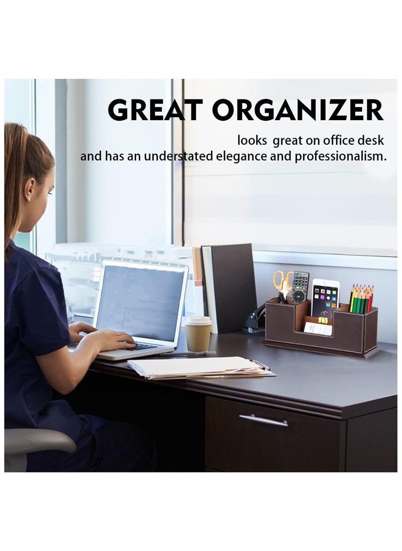 Generic Desk Pencil Holder, PU Leather Pen Holder for Desk, Executive Desk Organizers and Accessories, Multifunctional Desk Organizer with 4 Compartments Storage Business Card/Pen/Pencil/Phone/Stationery  - Image 3