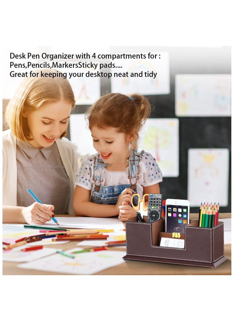 Generic Desk Pencil Holder, PU Leather Pen Holder for Desk, Executive Desk Organizers and Accessories, Multifunctional Desk Organizer with 4 Compartments Storage Business Card/Pen/Pencil/Phone/Stationery  - Image 4