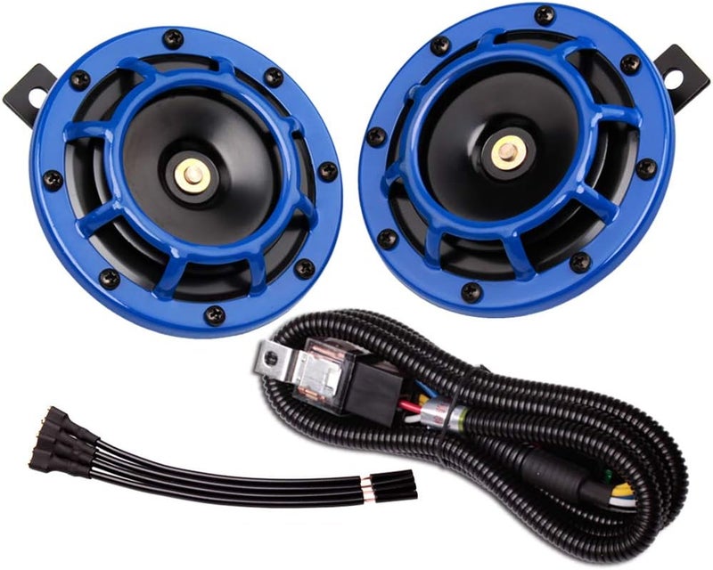 FARBIN Waterproof Car Horn 12v Loud High Tone/Low Tone Metal Twin Horns Kit with Relay Harnes,Universal Horn for Car (Blue horn with wire harness)… - Image 1