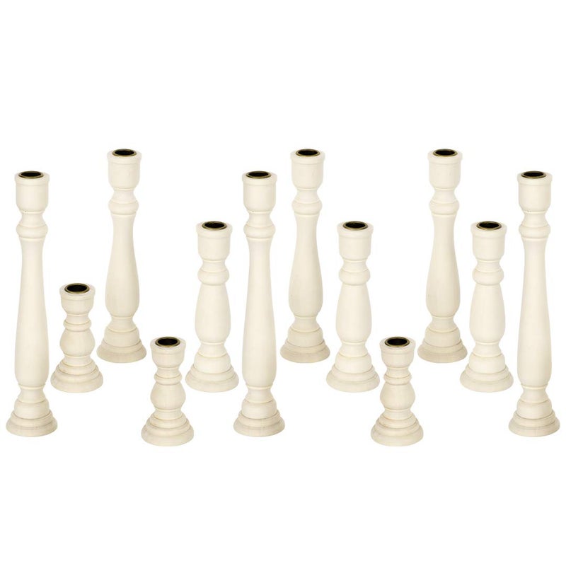 Koyal Wholesale 12 Pcs Unfinished Wood Candlestick Holders Natural White Wooden Taper Candle Holders Farmhouse Unfinished Wood Candle Holders Boho Candle Sticks Rustic Pillar Candles