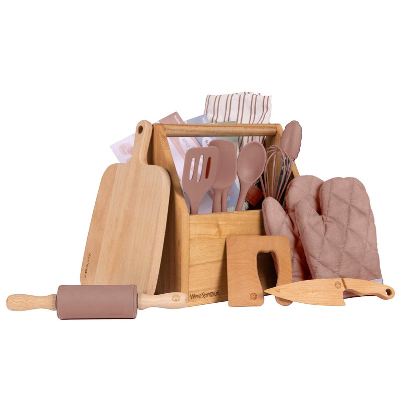 WeeSprout Little Chef Kids Cooking & Baking Set, 14 Piece Cooking Set with Real Kitchen Tools & Kids Apron, Baking Gift for Girls, Boys & Junior Chefs, Food Grade Materials, Choice of Colors - Image 1
