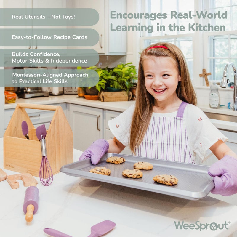 WeeSprout Little Chef Kids Cooking & Baking Set, 14 Piece Cooking Set with Real Kitchen Tools & Kids Apron, Baking Gift for Girls, Boys & Junior Chefs, Food Grade Materials, Choice of Colors - Image 5