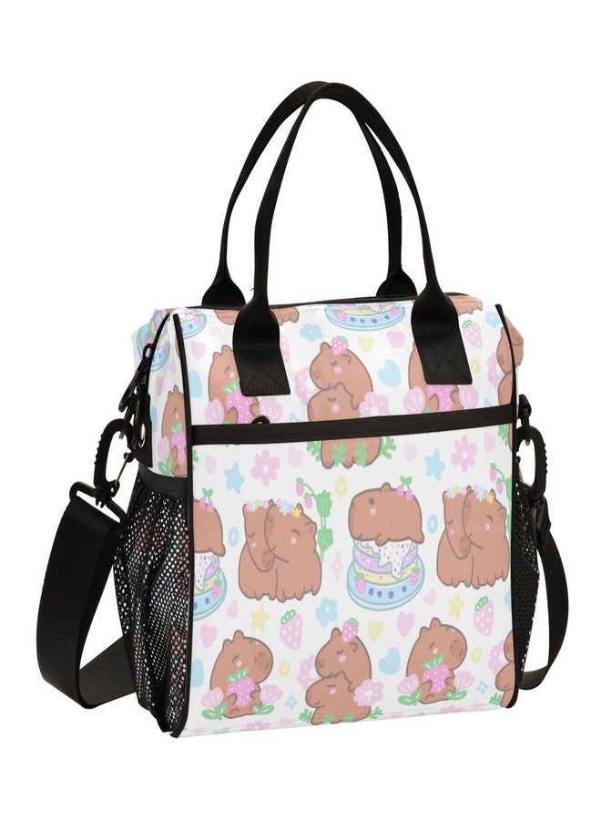 Aslsiy Lunch Bag for Girls Boys Cartoon Capybaras Kids Insulated Lunch Bags Strawberries Flowers Women Tote Bag for Office School S - Image 1