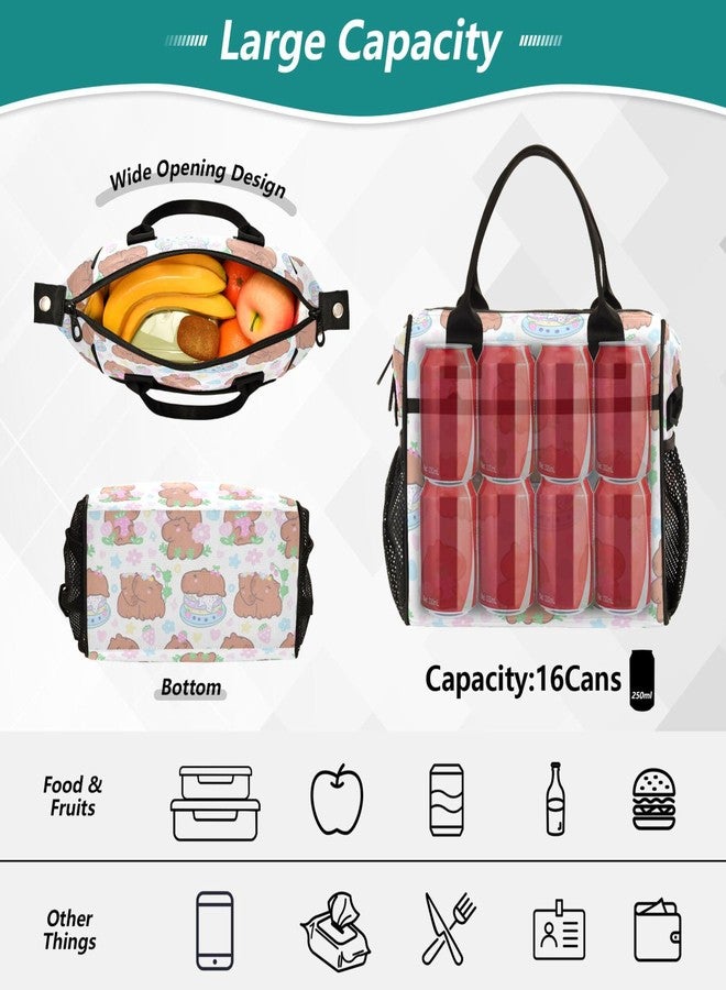 Aslsiy Lunch Bag for Girls Boys Cartoon Capybaras Kids Insulated Lunch Bags Strawberries Flowers Women Tote Bag for Office School S - Image 4