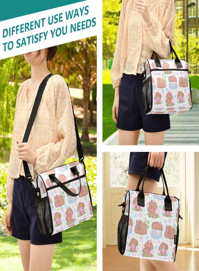 Aslsiy Lunch Bag for Girls Boys Cartoon Capybaras Kids Insulated Lunch Bags Strawberries Flowers Women Tote Bag for Office School S - Image 5
