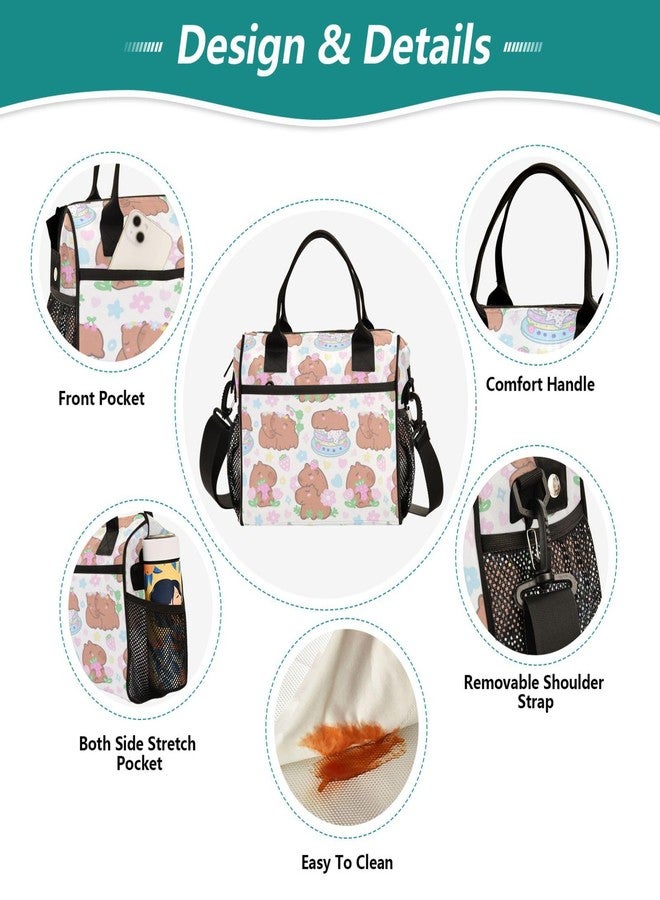 Aslsiy Lunch Bag for Girls Boys Cartoon Capybaras Kids Insulated Lunch Bags Strawberries Flowers Women Tote Bag for Office School S - Image 3