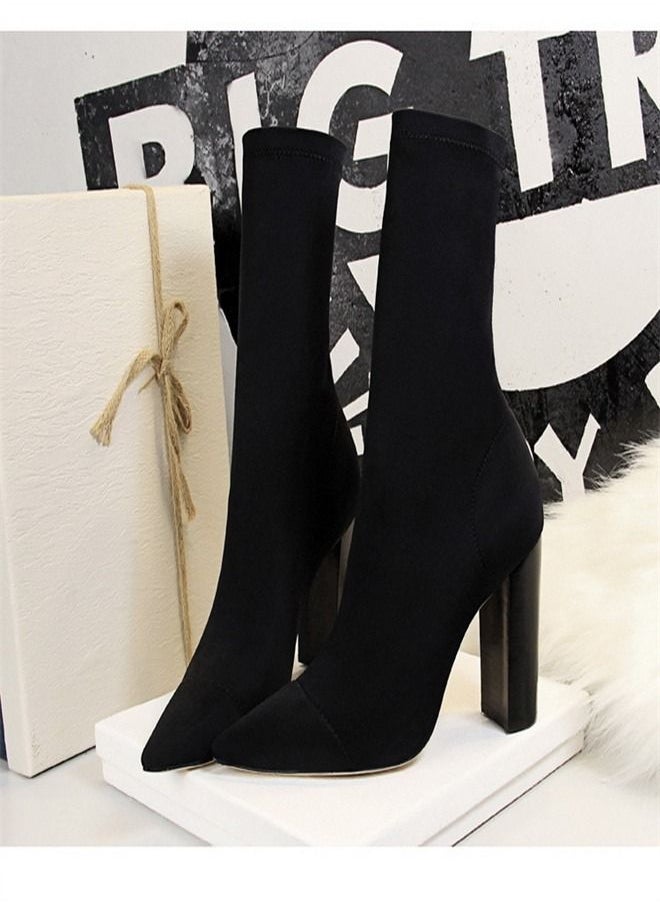 BIGTREE - Wood Grain Heel Pointed High Heel Boots 9.5CM Black - Image 1