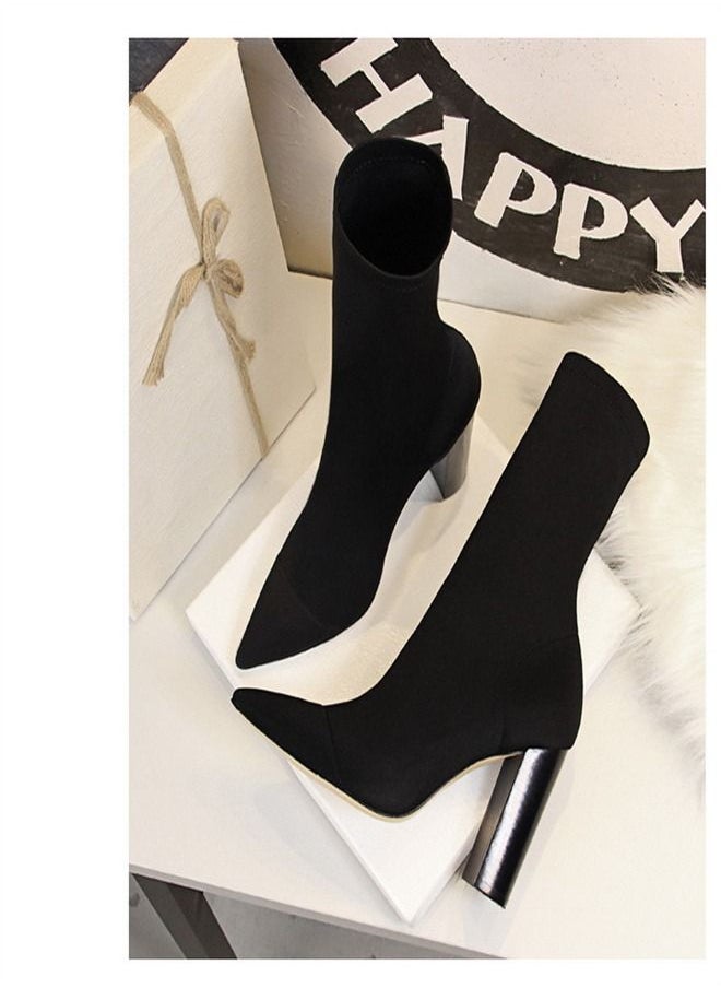 BIGTREE - Wood Grain Heel Pointed High Heel Boots 9.5CM Black - Image 1
