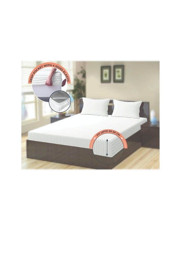 بروماس شرشف مطاطي مخطط من الألياف الدقيقة باللون الأبيض - مقاس كوين 150 × 200 سم - Image 3