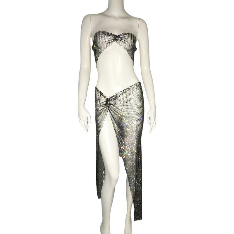 Cross-Border New Sexy and Clothing Diamond Fashion Casual Tube Top Slit Skirt Suit Party - Image 2