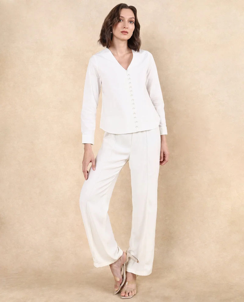 Rareism Women's Cuffed Sleeve Plain Top