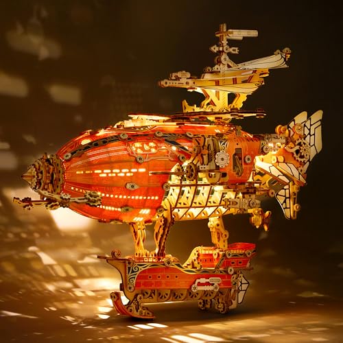 FUNPOLA LED 3D Wood Puzzle Fantasy Airship Model Steampunk DIY Craft Kit with LED Lights Intricate Wooden Airship Model Building Set for Teens and AdultsOrange - Image 1