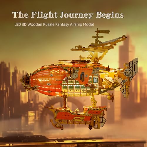 FUNPOLA LED 3D Wood Puzzle Fantasy Airship Model Steampunk DIY Craft Kit with LED Lights Intricate Wooden Airship Model Building Set for Teens and AdultsOrange - Image 5