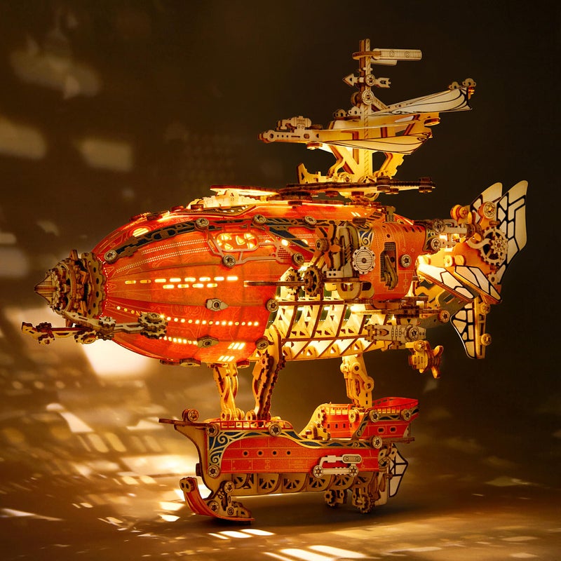FUNPOLA LED 3D Wood Puzzle Fantasy Airship Model Steampunk DIY Craft Kit with LED Lights Intricate Wooden Airship Model Building Set for Teens and AdultsOrange - Image 3
