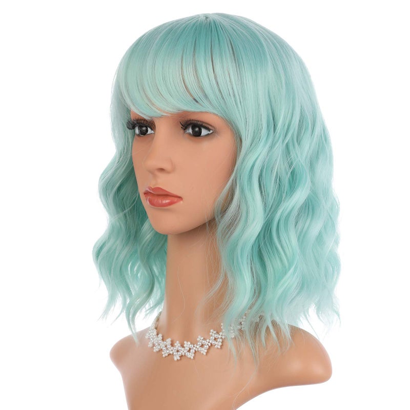 eNilecor Mint Green Wig with Air Bangs14 Short Curly Wavy Bob Wig for WomenShoulder Length Fun Wigs Synthetic Colorful Wigs for Daily Cosplay