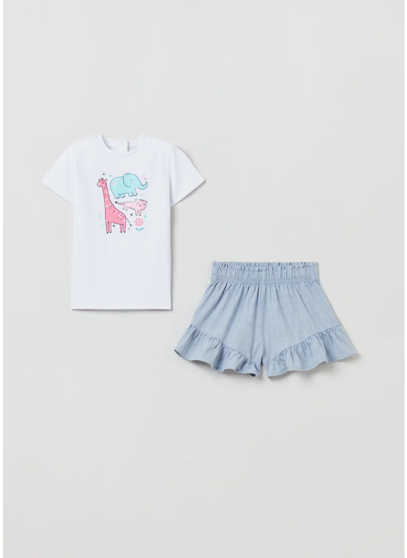 او في اس T-Shirt With Print And Culottes With Flounce Set