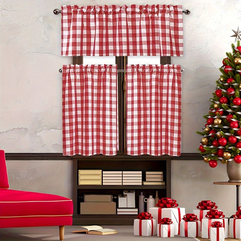 Noon Set Of 3 Red And White Plaid Short Curtains With Pocket For Hanging On Top Rod Country Kitchen Curtains Decorative Coffee And Laundry Room Partition Curtain 54 Inch X 15 Inch And 26 Inch X 24 Inch - Image 1