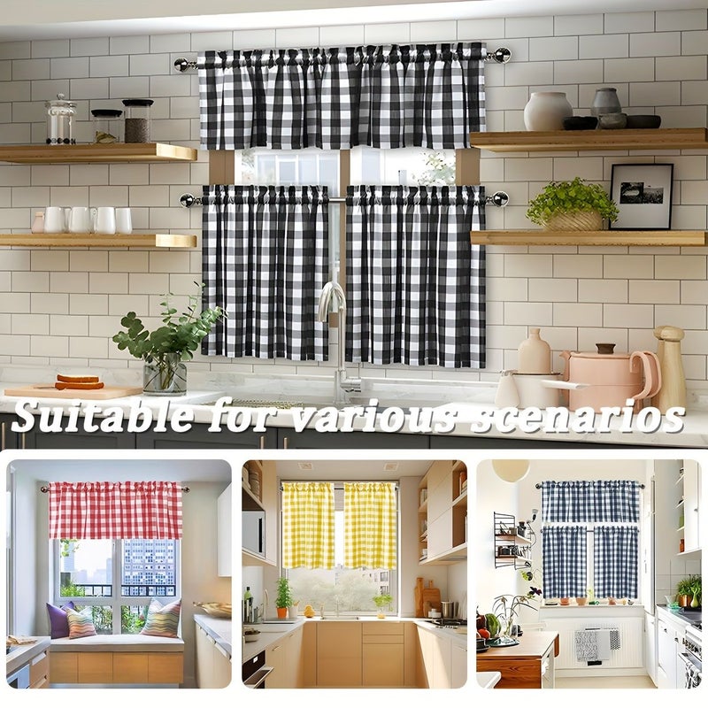 Noon Set Of 3 Red And White Plaid Short Curtains With Pocket For Hanging On Top Rod Country Kitchen Curtains Decorative Coffee And Laundry Room Partition Curtain 54 Inch X 15 Inch And 26 Inch X 24 Inch - Image 2