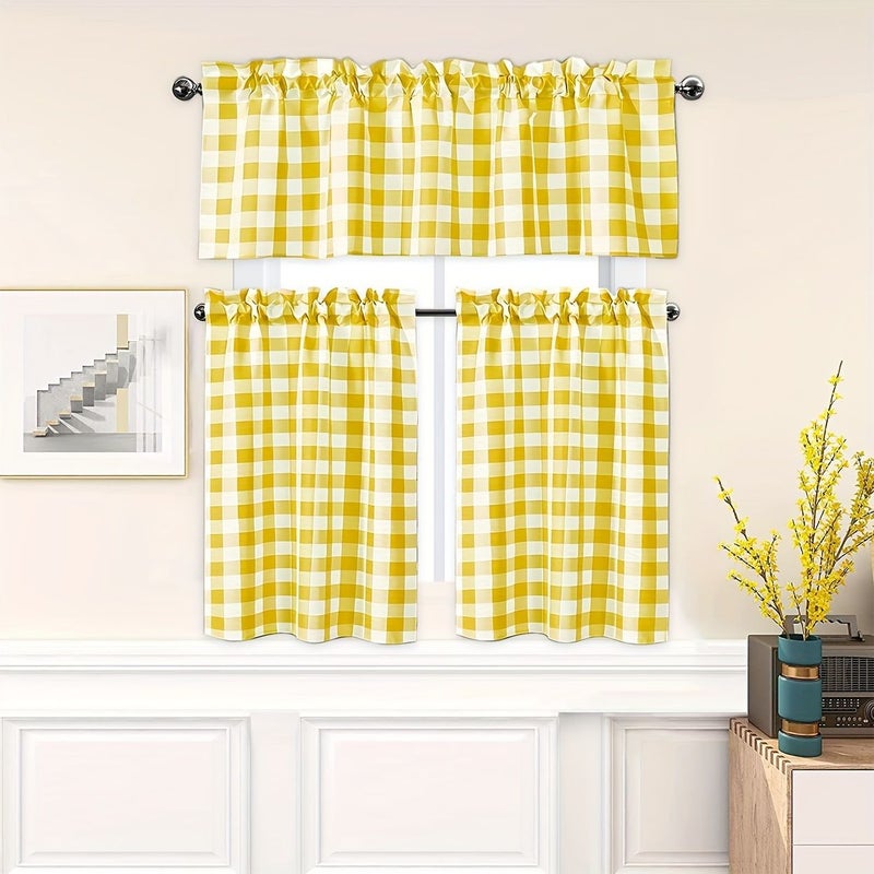 Noon Set Of 3 Red And White Plaid Short Curtains With Pocket For Hanging On Top Rod Country Kitchen Curtains Decorative Coffee And Laundry Room Partition Curtain 54 Inch X 15 Inch And 26 Inch X 24 Inch - Image 5